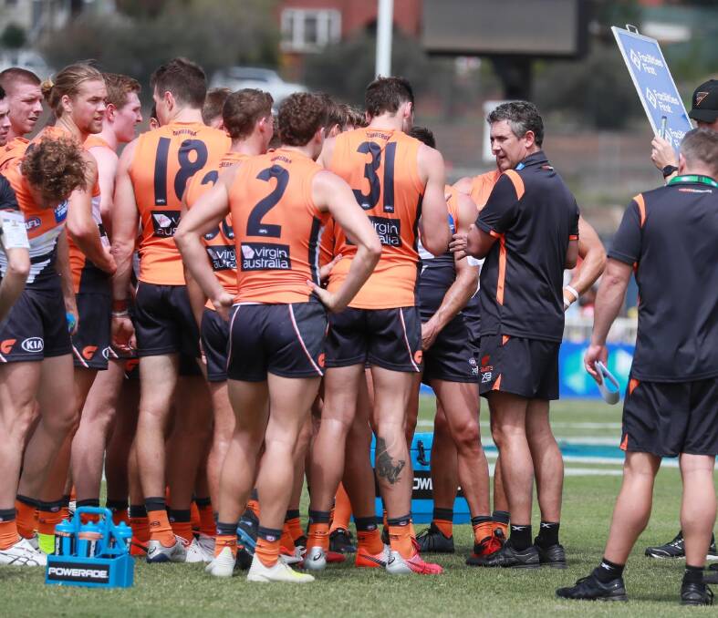 ON THEIR WAY: Greater Western Sydney coach Leon Cameron addresses his troops at Robertson Oval in Wagga in 2020. The Giants are headed for Albury later this month. Picture: Les Smith