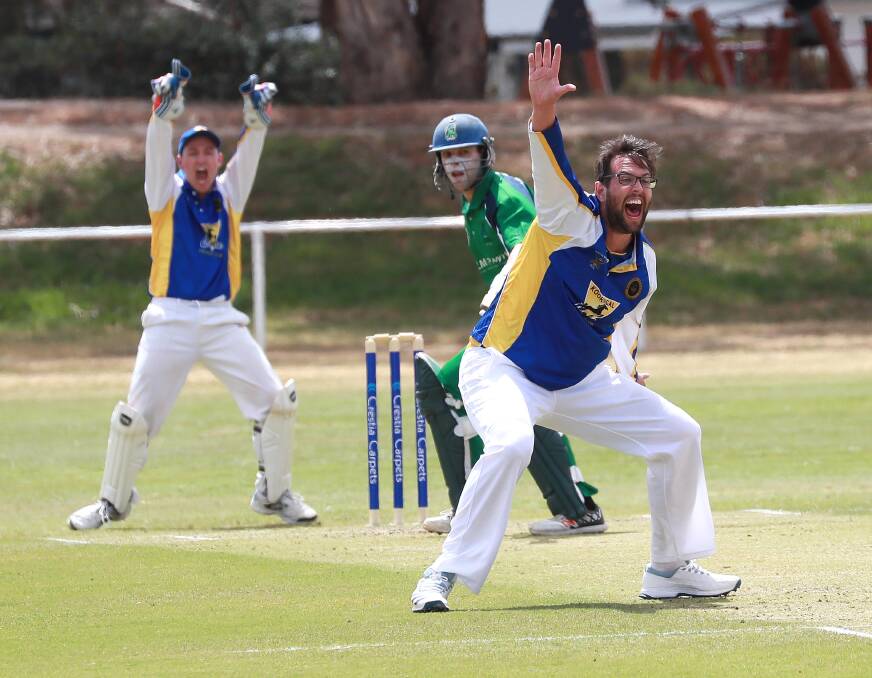 HOWZAT: Kooringal Colts bowler David Bolton appeals unsuccessfully for the wicket of Wagga City batsman Jon Nicoll at McPherson Oval on Saturday. Picture: Les Smith