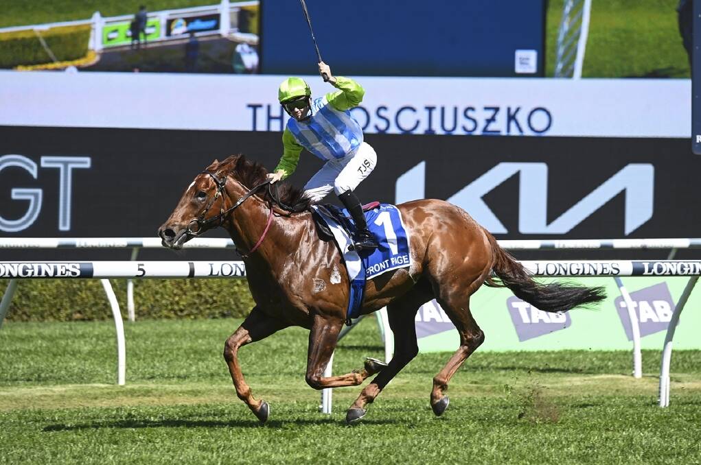 Tyler Schiller salutes as he guides Front Page to back-to-back Kosciuszko victories at Randwick on Saturday. Front Page is a finalist for the 2022-23 SDRA-trained Horse of the Year award. Picture by Bradley Photos