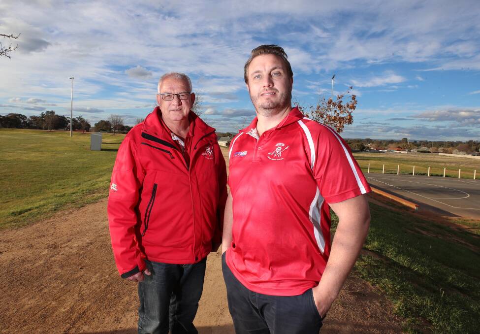NEW BEGINNING: Collingullie-Glenfield Park president Tony Dean (left) with new senior coach Brett Somerville at Glenfield Park Oval on Wednesday. Picture: Les Smith