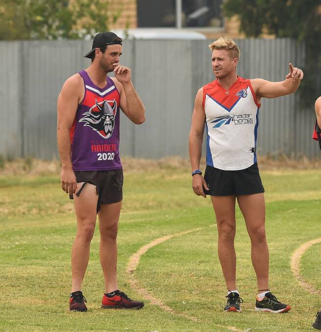 PRIZED SIGNINGS: Jydon Neagle and Steve Jolliffe at Wodonga Raiders' pre-season training earlier in the year. The pair have signed with Collingullie-Glenfield Park. Picture: The Border Mail