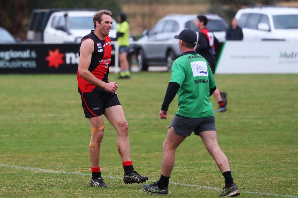IN DOUBT: Marrar forward James Lawton hobbles from the field during the first quarter of the East Wagga-Kooringal game. He could return for Saturday's final round game against Barellan, pending a fitness test on Thursday night. Pictures: Emma Hillier
