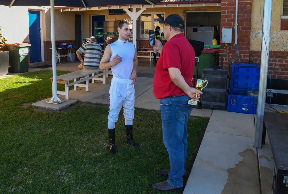 Jack Martin and Paul Jones discuss the win of One Aye at Wagga on Sunday. Picture by Bernard Humphries