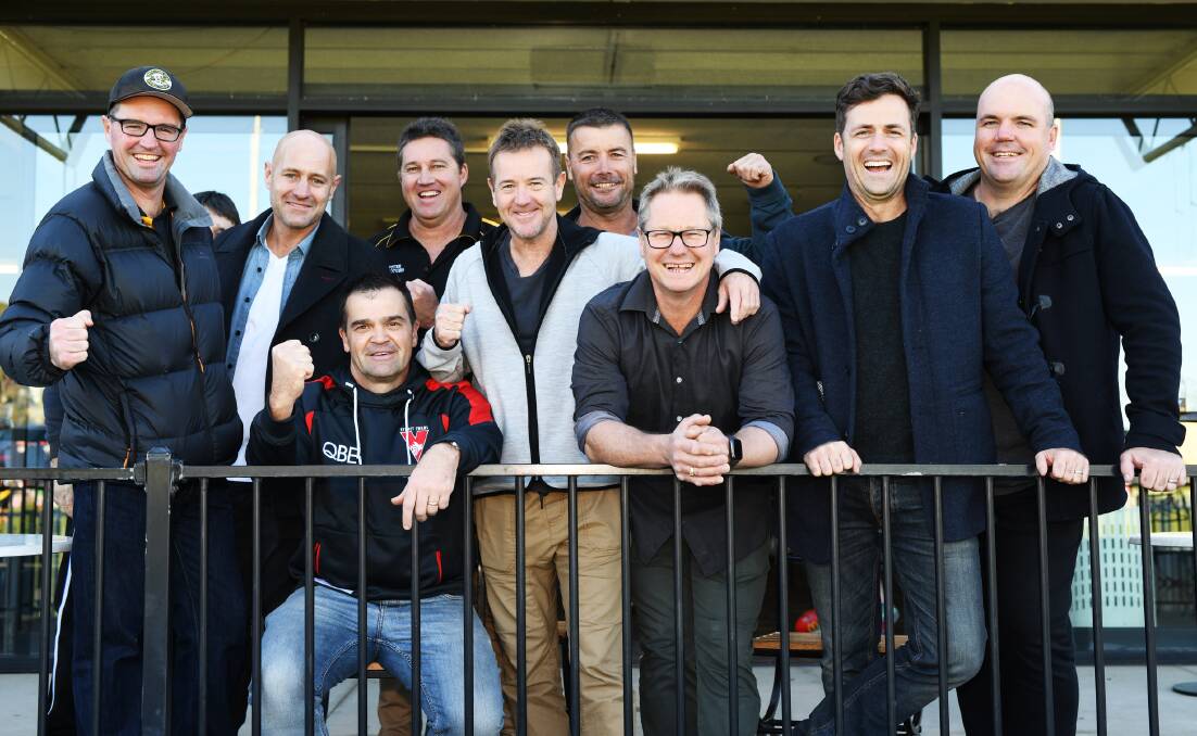 Wagga Tigers premiership players Steven Priest, Mark Parmenter, Ray Willis, Corey Pavitt, Mark Stone, Paul Noack, Ray Colvin, Tim Newton and Andrew Priest at Robertson Oval on Saturday.