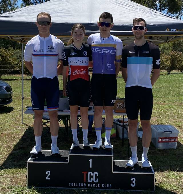 FINAL ROUND: Sean Smith, Bronte Stewart, Myles Stewart and Dan Luke fill the podium of the fifth and final stage of the Tour de Riverina at Uranquinty on Sunday.