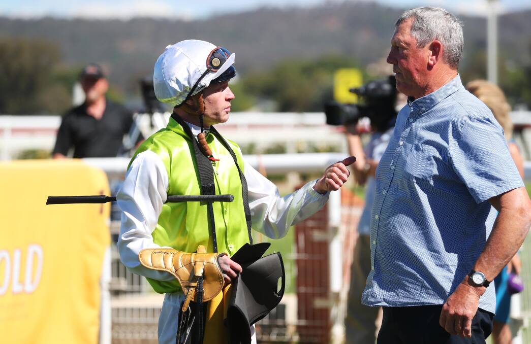 Albury apprentice Blaike McDougall and trainer Gary Colvin at Wagga on Monday.