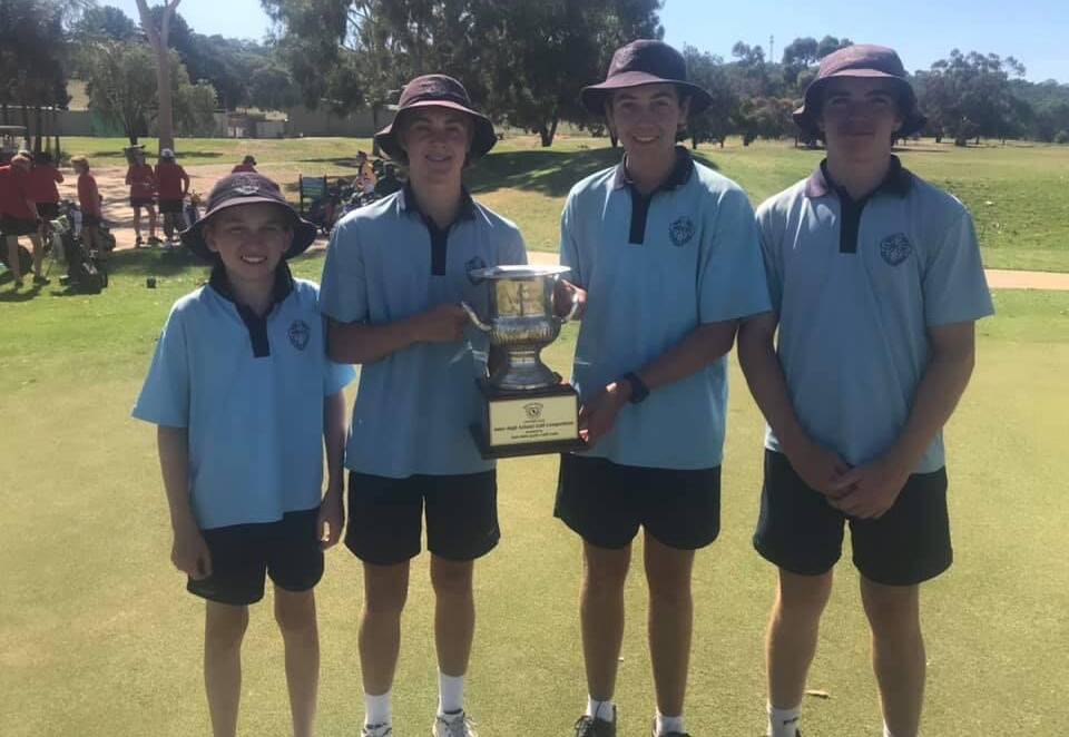 SUCCESS: Mater Dei Catholic College's golf team celebrate their Steve Elkington Cup win at Wagga City Golf Club on Tuesday. 