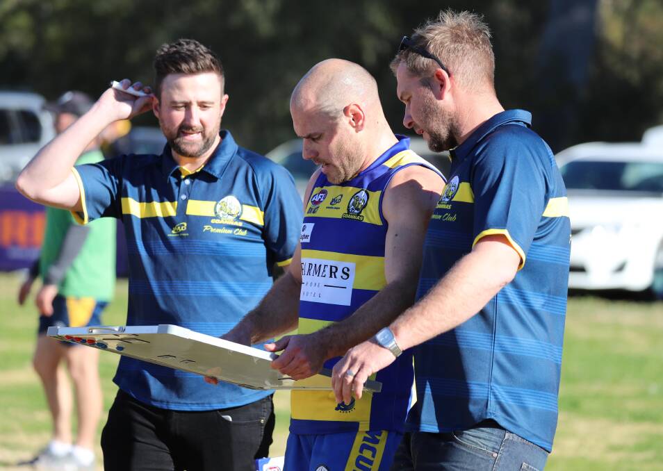 CRUNCH TIME: Mangoplah-Cookardinia United-Eastlakes coach Jeremy Rowe talks tactics with Joel Robinson (left) and Dean Howard (right). Picture: Les Smith