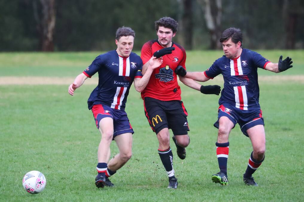 STRONG START: Jaiden Watson (middle) scored three goals for Lake Albert in the opening round against Tumut last weekend. 