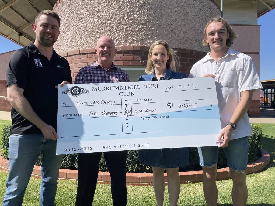 SUCCESS: Good Talk committee members Caleb Inch (left) and Zach Walgers (right) accept the cheque from Murrumbidgee Turf Club chief executive Jason Ferrario and marketing manager Cass Writer on Friday. Picture: Matt Malone