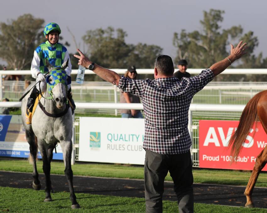 Queanbeyan trainer Joe Cleary celebrates Coolring's victory in the 2018 Wagga Town Plate (1200m). Picture: Les Smith