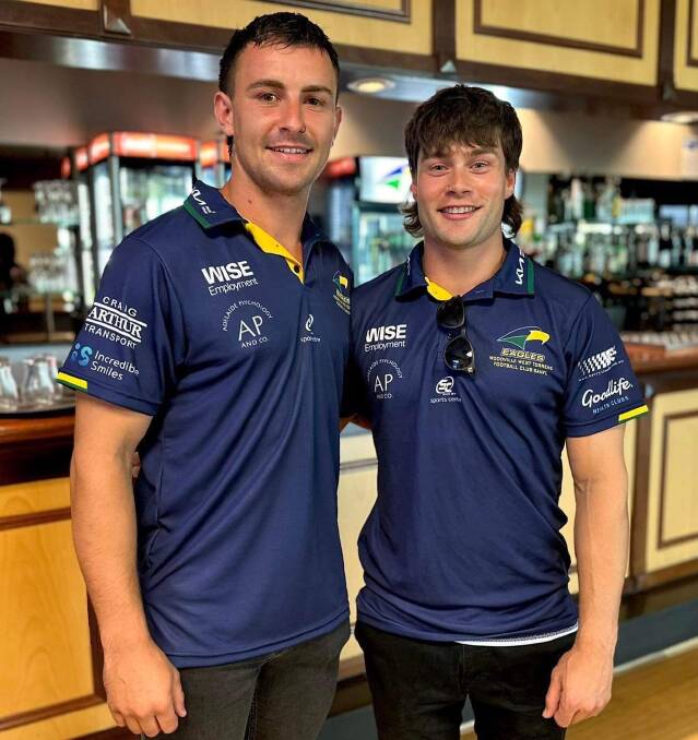 Luke McKay and Blake Renet sporting their new Woodville-West Torrens colours for season 2024. Picture by Woodville-West Torrens FC