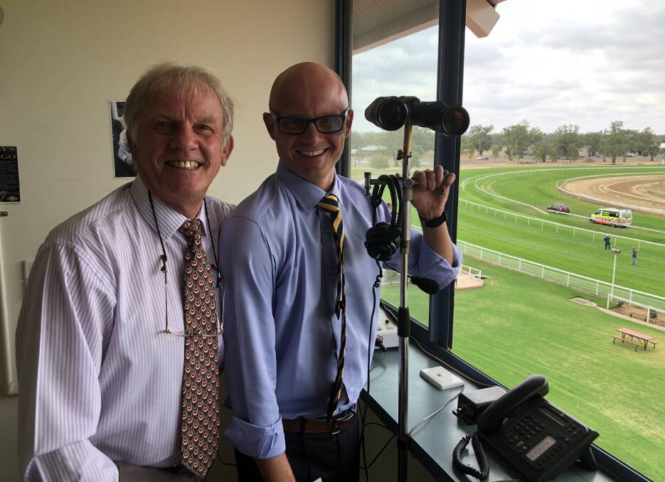 SPECIAL MOMENT: Allan Hull and son Quentin in the callers box at Murrumbidgee Turf Club on Tuesday. Picture: Matt Malone