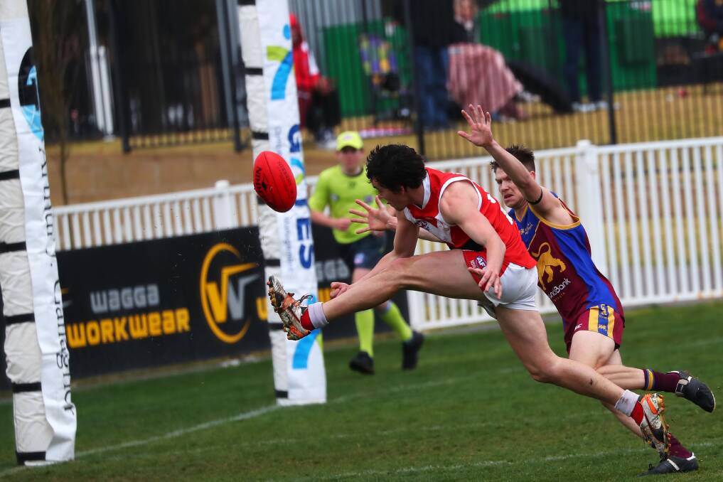 GOAL: Collingullie-GP's Dan Kennedy kicks an early goal on his left foot in the qualifying final against GGGM on Saturday. Picture: Emma Hillier