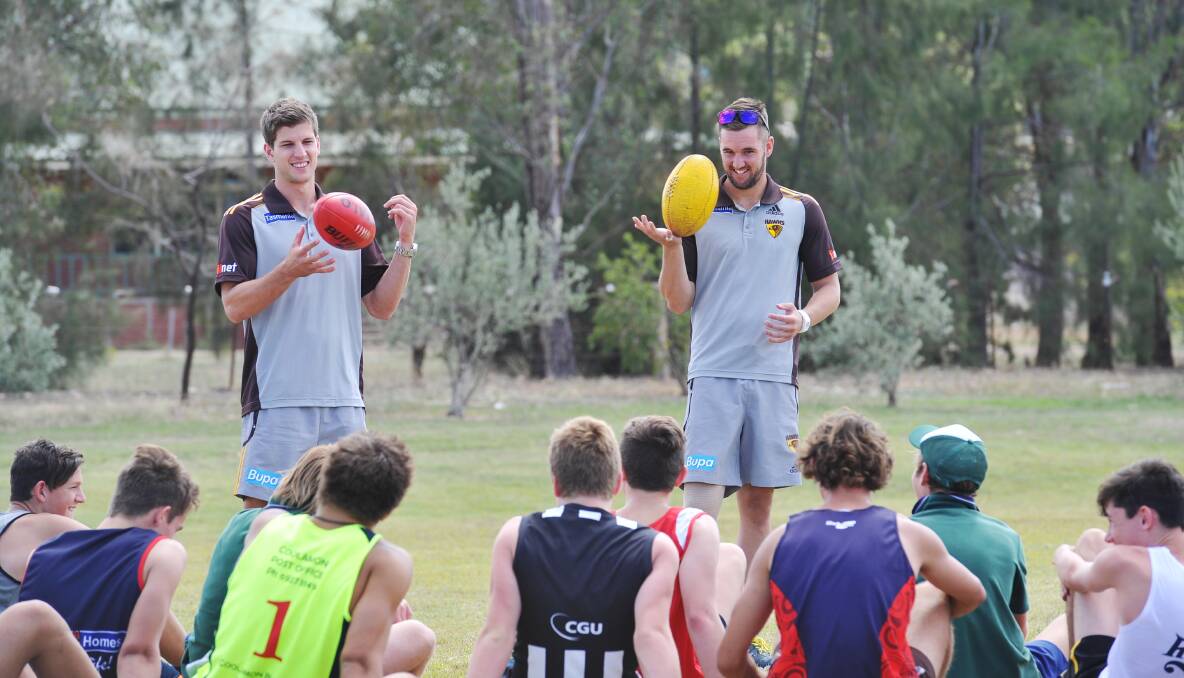 Luke Breust and Matt Suckling conduct a coaching clinic at The Riverina Anglican College (TRAC) 10 years ago. 