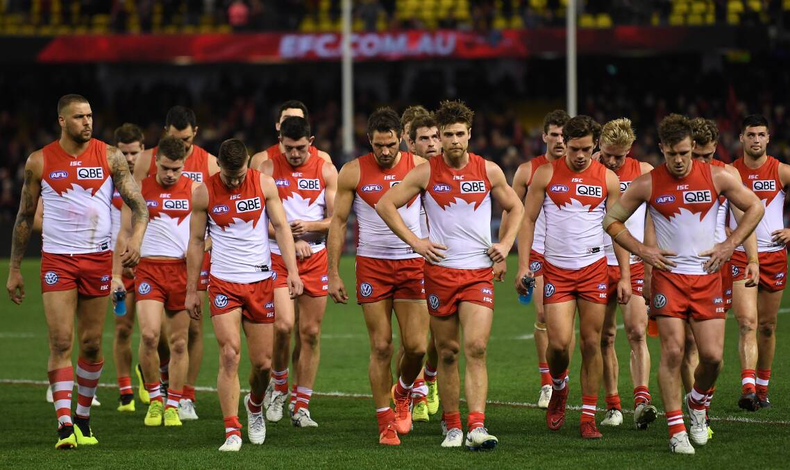 DOWN AND OUT: Sydney players walk from Etihad Stadium after the loss to Essendon last Friday night. Picture: AAP