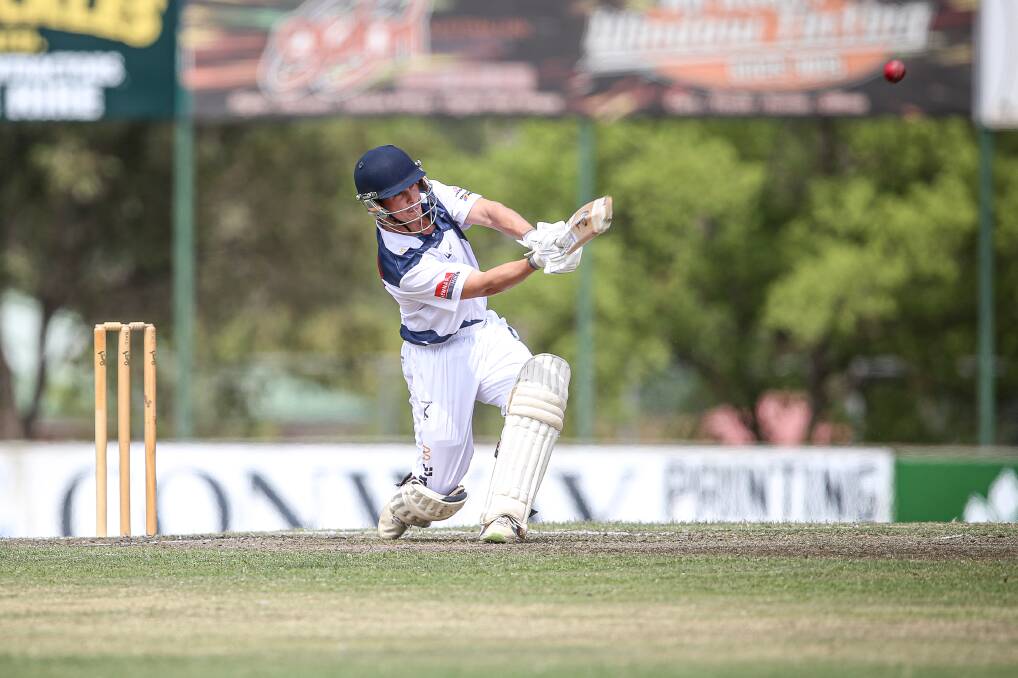 ON THE ATTACK: Wagga batsman Josh Thompson looks to go big during the O'Farrell Cup final against Albury at Bunton Park on Sunday. Picture: The Border Mail