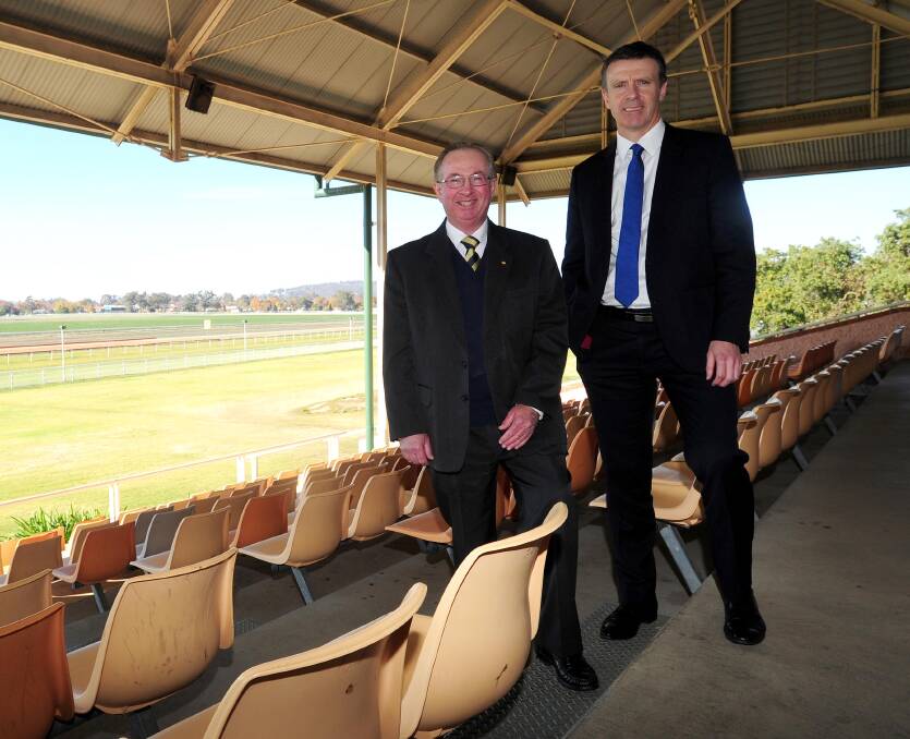 FLYING VISIT: Racing NSW chairman Russell Balding AO and general manager of industry and analytical, Scott Kennedy, in Wagga on Thursday. Picture: Kieren L Tilly