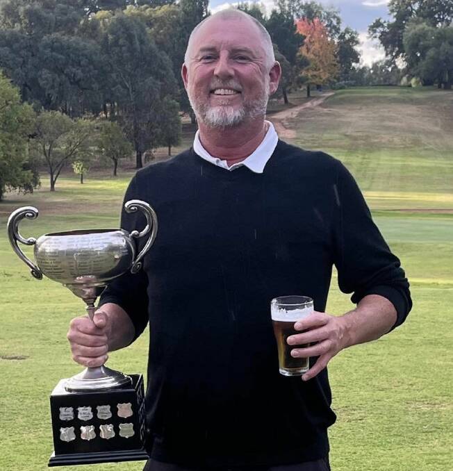 Wagga golfer Jarrod Meacham with the Riverina District Golf Association (RDGA) trophy after his win at Narrandera Golf Club on Sunday. Picture by RDGA