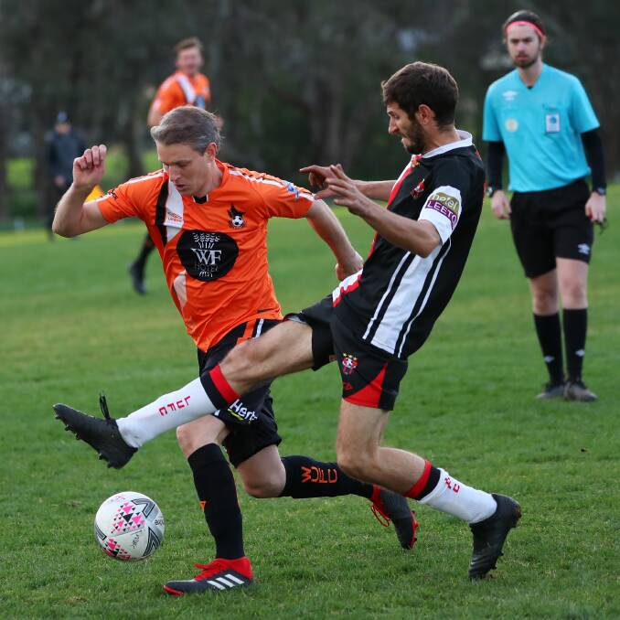 BIG LOSS: Pablo Quartin (right) in action for Leeton United last season. He has moved interstate and won't be back for the reigning premiers again this year. Picture: Emma Hillier