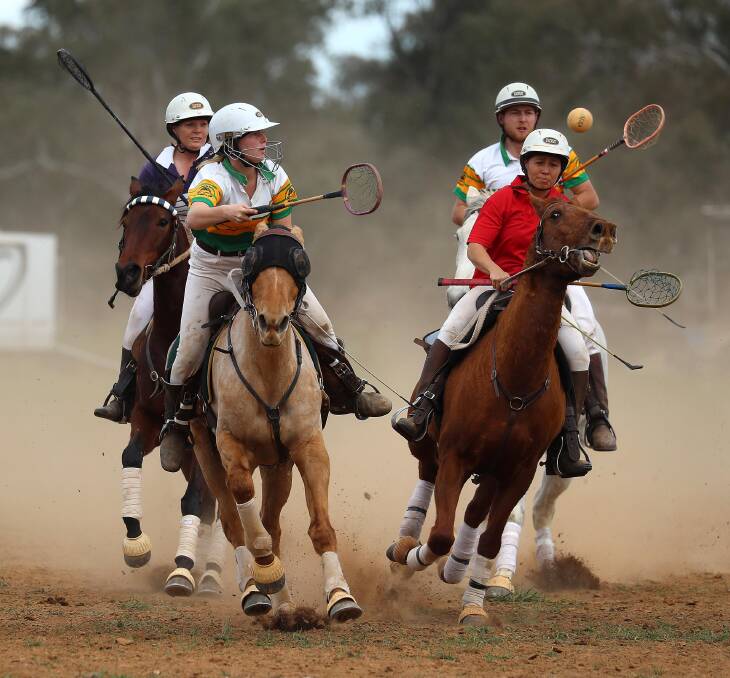ACTION: Barkool's Tanna Roberts (Left) in action during the Wagga Polocrosse Carnival B grade final at Euberta on Sunday. Picture: Les Smith