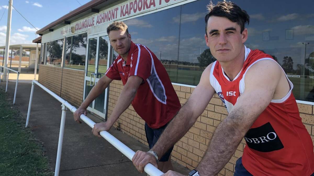 FIRST APPEARANCE: New recruit John Buchanan, pictured with coach Luke Gestier, will play his first game for Collingullie-Glenfield Park on Saturday.