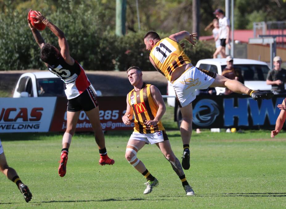 Dayne Hancock takes a mark for North Wagga against East Wagga-Kooringal back in 2019. Picture: Les Smith