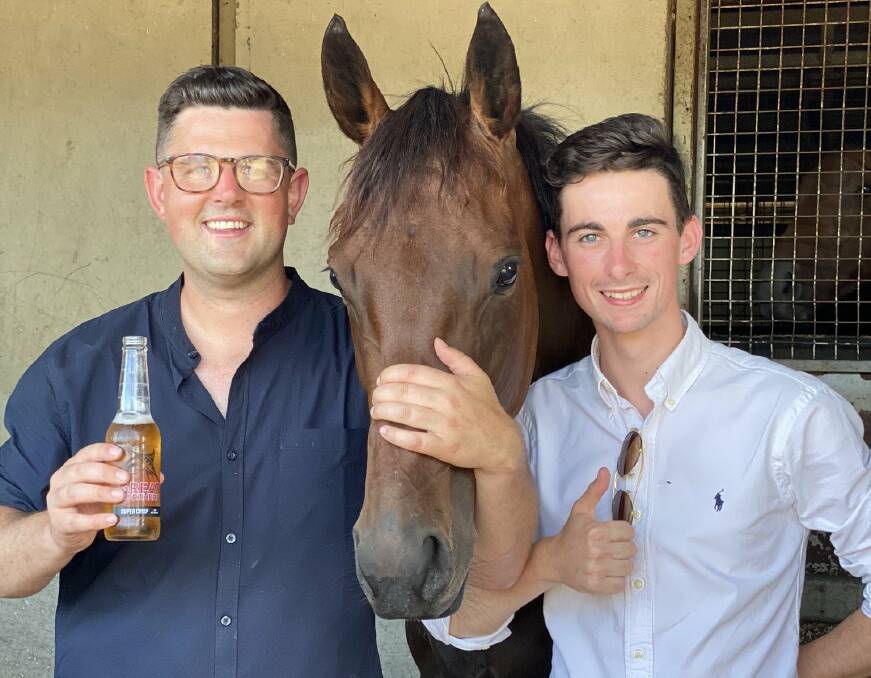 PARTY TIME: Albury trainer Mitch Beer and Victorian apprentice jockey Teo Nugent with Sky Call after their big win on Saturday. 