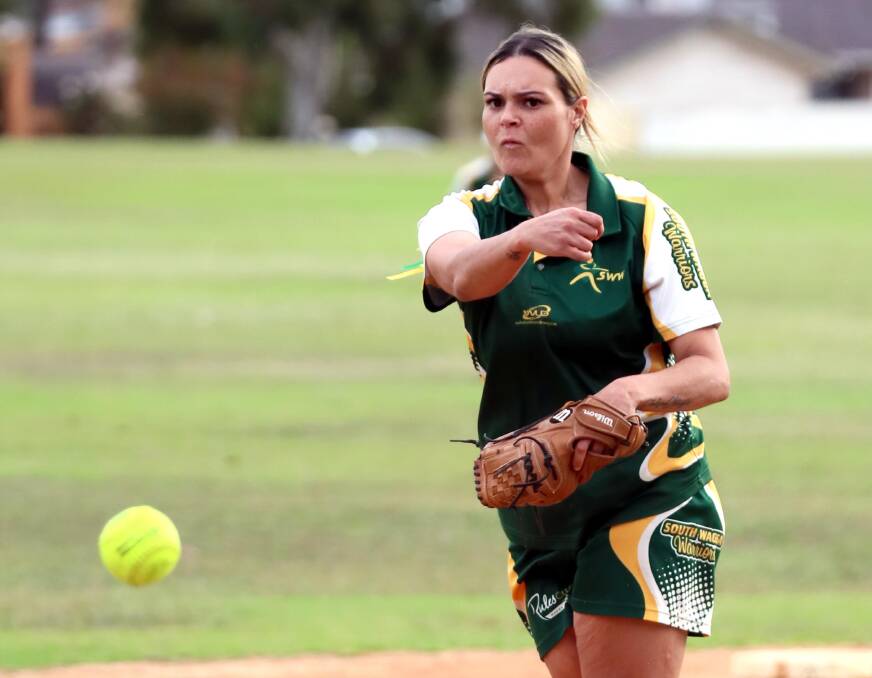 Montana Kearnes in action for South Wagga Warriors in this year's Wagga softball grand final. Picture: Les Smith