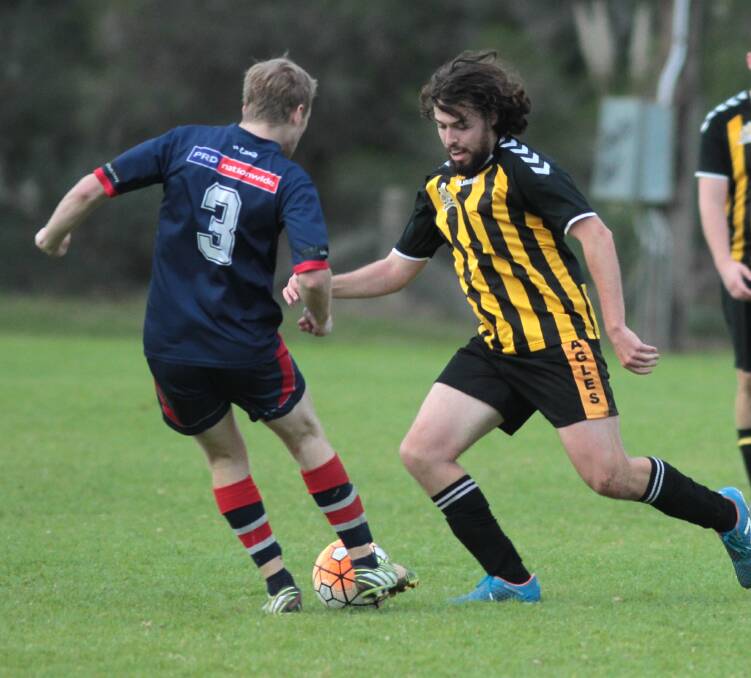 FOREVER AN EAGLE: The late Matt Lopez (right) in action for Tumut back in 2016. This weekend will be known as 'Matt Lopez Round' in Football Wagga. Picture: Les Smith