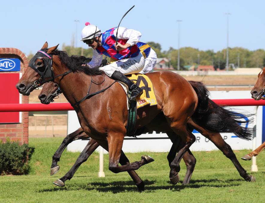 DROUGHT BREAKER: Delude powers to the line for his second career win at Murrumbidgee Turf Club on Thursday. Picture: Les Smith