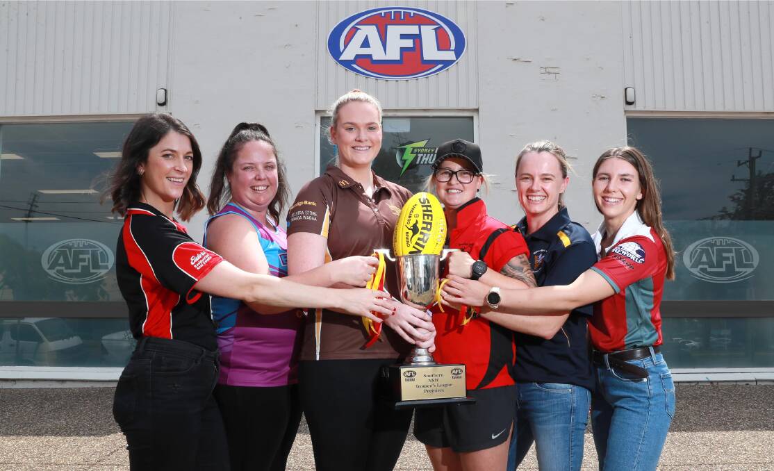 North Wagga's Sarah Harmer, Brookdale's Claire Lane, East Wagga-Kooringal's Hannah Finemore, Riverina Lions' Amy Coote, Narrandera's Julie McLean and CSU's Gabrielle Goldsworthy at the season launch on Wednesday. Picture: Les Smith