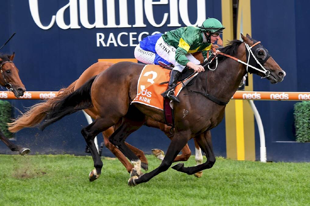 VICTORY: Willie Pike guides Ole Kirk to win the Caulfield Guineas on Saturday.