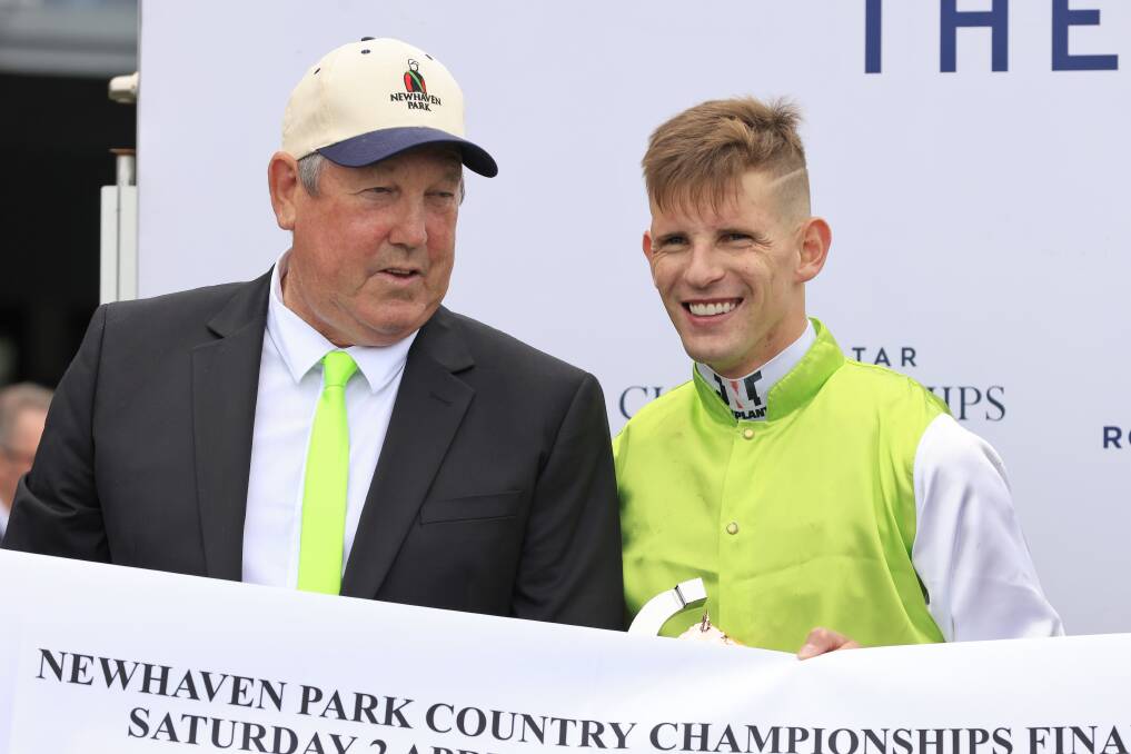 Winning trainer Gary Colvin with jockey Nick Heywood at Randwick on Saturday. Picture: Getty Images