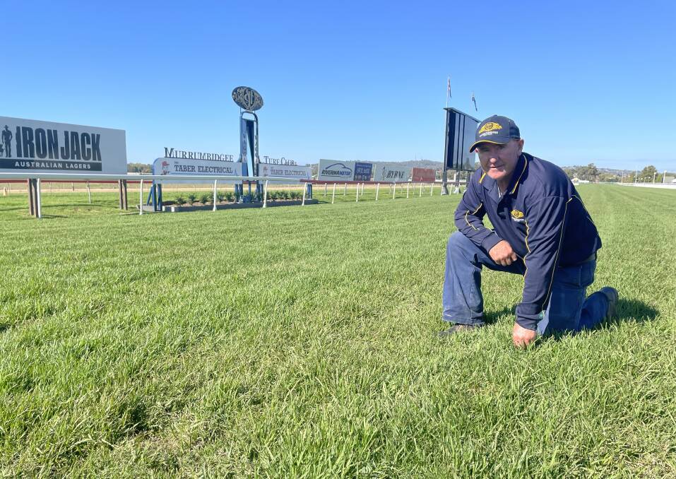 IN TOP CONDITION: Murrumbidgee Turf Club track manager Mark Hart casts an eye over the Wagga home straight on Tuesday. Picture: Matt Malone