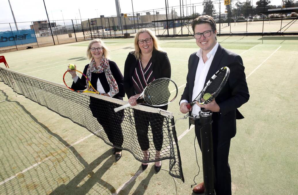 EXCITING TIMES: Wagga deputy mayor Jenny McKinnon, Little Athletics NSW chief executive Rebecca Shaw and Tennis NSW Infrastructure and Planning manager Brett Pettersen at the announcment at Jim Elphick Tennis Centre on Wednesday. Picture: Les Smith