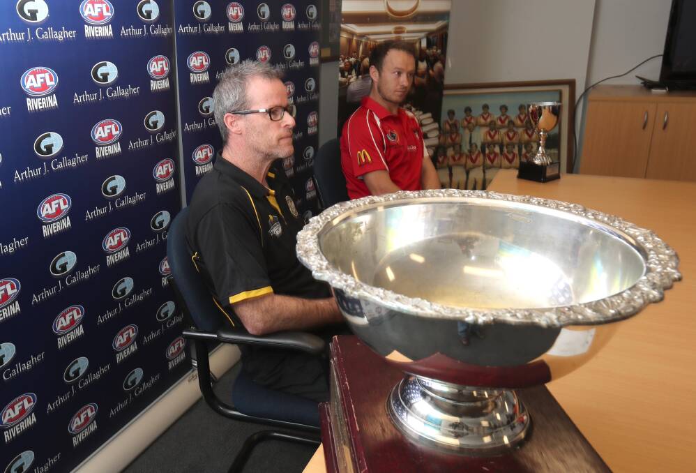 Wagga Tigers coach Troy Maiden and Griffith counterpart Will Griggs at the grand final media conference in Wagga on Thursday. Picture: Les Smith