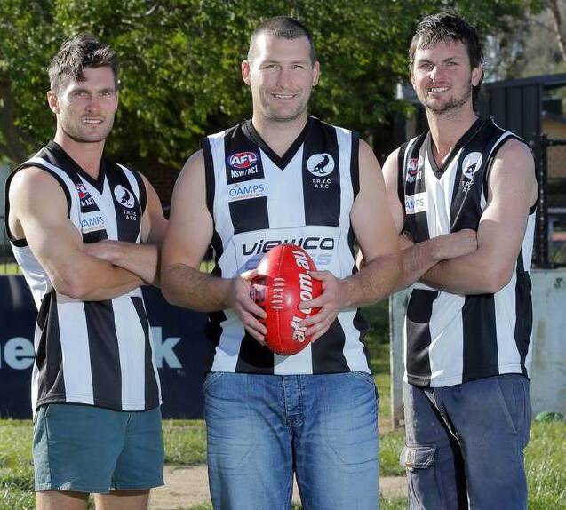 GOOD MATES: Tom Yates (left) returned to The Rock-Yerong Creek this season with former Albury Tigers team mates Andy Carey and Casey Hillary.