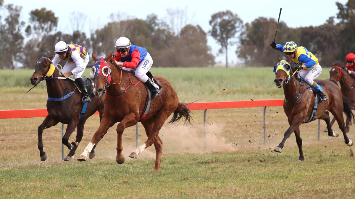 Tearful Kitty, with Jody Hughes in the saddle, takes out the 2019 Verandah Town Cup at Lockhart. Picture by Les Smith
