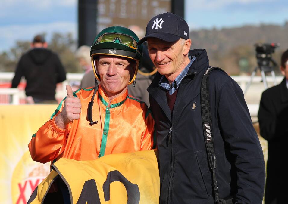 BACK TOGETHER: Brett Fliedner and Tim Donnelly are all smiles after the win of Powerscourt at Wagga on Thursday. Picture: Les Smith