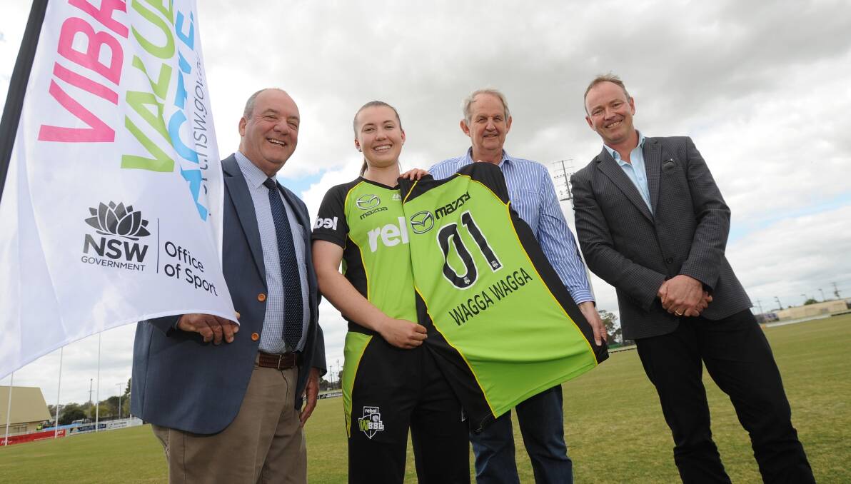 EXCITING TIMES: Member for Wagga Daryl Maguire, new Thunder player Rachel Trenaman, Wagga mayor Greg Conkey and Sydney Thunder general manager Lee Germon at Robertson Oval. Picture: Laura Hardwick