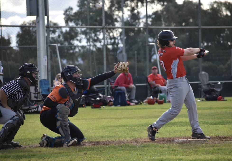 MISS: Red Sox's Nathan Fantoni swings unsuccessfully in the A grade Wagga baseball game at Jubilee Park last Sunday week. Picture: Wagga Baseball