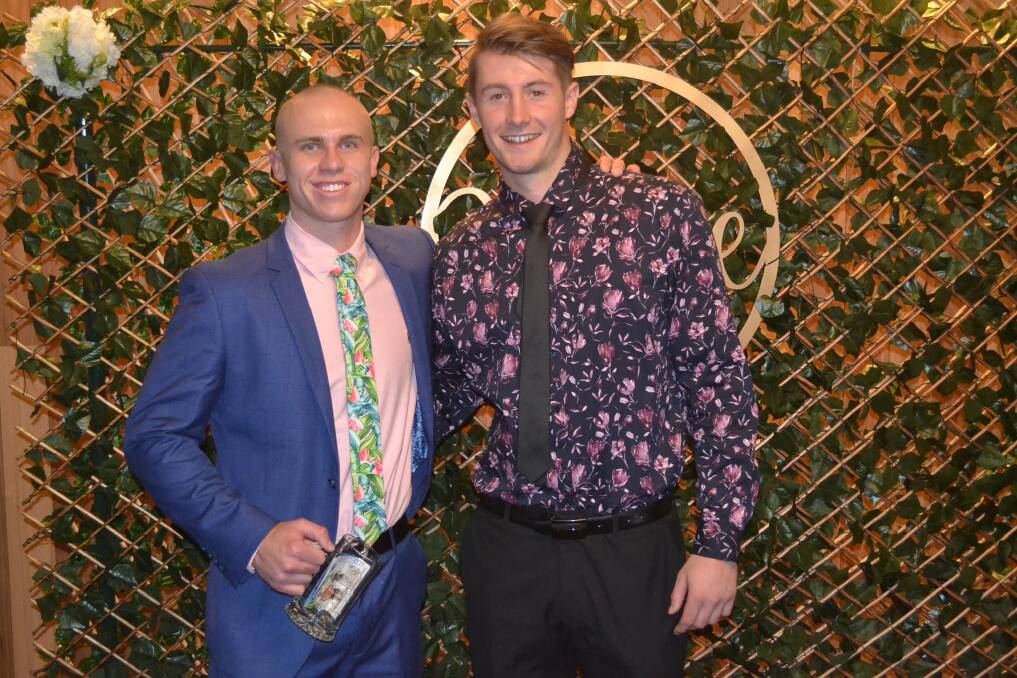 TOP TWO: Nick McCormack (left) and George Kendall filled the top two placings in Mangoplah-Cookardinia United-Eastlakes' best and fairest at their presentation night last Saturday. Picture: MCUE