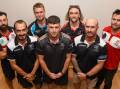 North Wagga coach Damien Papworth, The Rock-Yerong Creek co-coach Heath Russell, Northern Jets' coach Jack Harper, East Wagga-Kooringal coach Jake Barrett, Marrar assistant coach Zach Walgers, TRYC co-coach Brad Aiken and Charles Sturt University co-coach Trent Cohalan at the AFL Riverina season launch on Wednesday. Picture by Bernard Humphreys