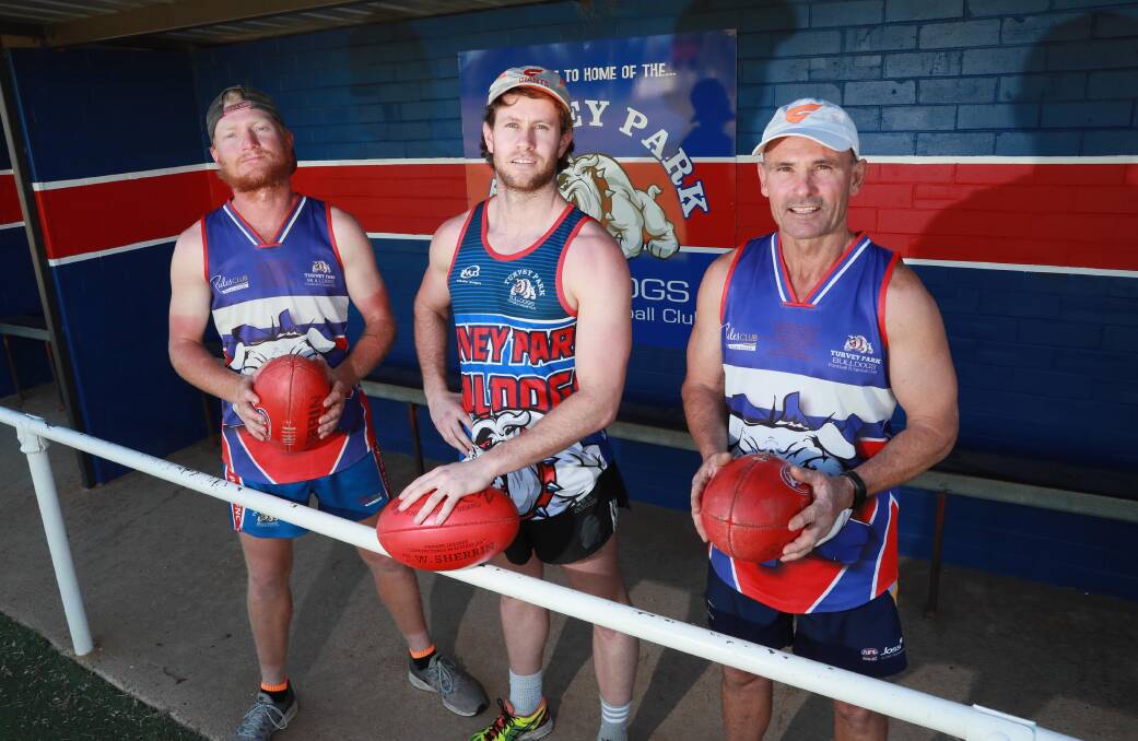 Turvey Park co-coaches Jeremy Sykes (left) and Mark Carroll (right) with returning recruit Matt Ness. Pictures: Les Smith