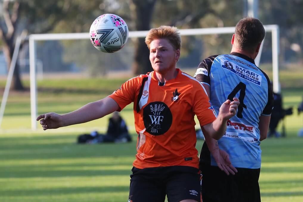 CONTEST: Wagga United's Declan Rohrich wins possession of the ball in the 3-3 Pascoe Cup draw with Cootamundra on Sunday. Picture: Emma Hillier