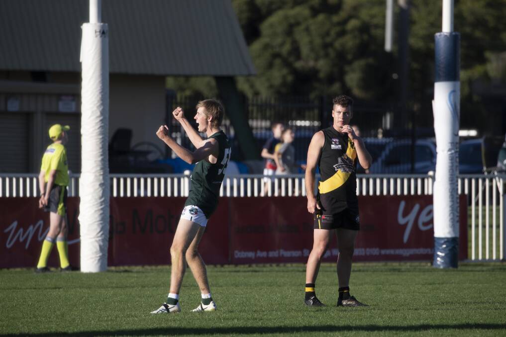 Hugh Wakefield celebrates a goal for Coolamon in a game against Wagga Tigers at Robertson Oval last year. Wakefield has signed with Charles Sturt University for 2024. Picture by Madeline Begley
