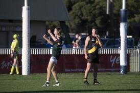 Hugh Wakefield celebrates a goal for Coolamon in a game against Wagga Tigers at Robertson Oval last year. Wakefield has signed with Charles Sturt University for 2024. Picture by Madeline Begley