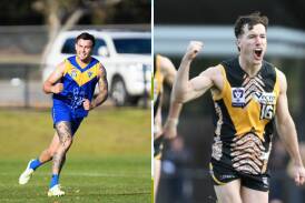 Luke McKay in action for Narrandera last season, while Harry Grintell celebrates a goal at Werribee. 