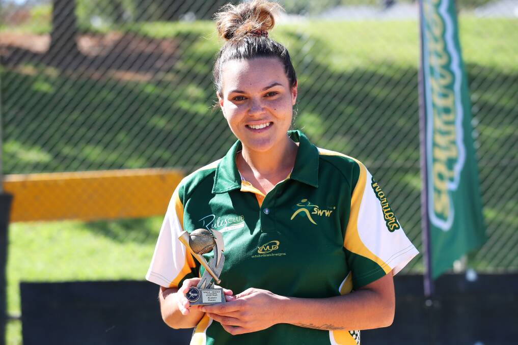 RISING STAR: South Wagga Warriors pitcher Montana Kearnes shows off her A grade best and fairest trophy on Saturday. Picture: Emma Hillier